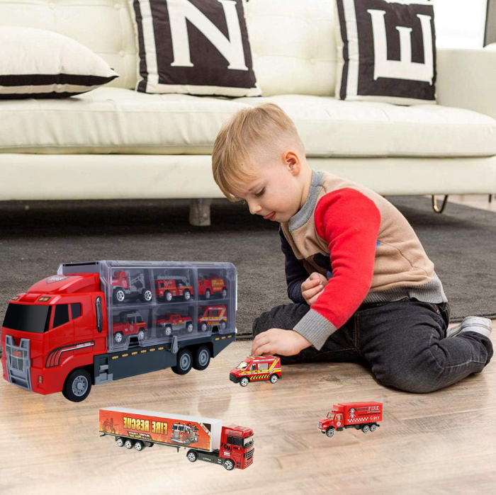 Set camion trailer de jucarie pentru transport, Rosu [10]