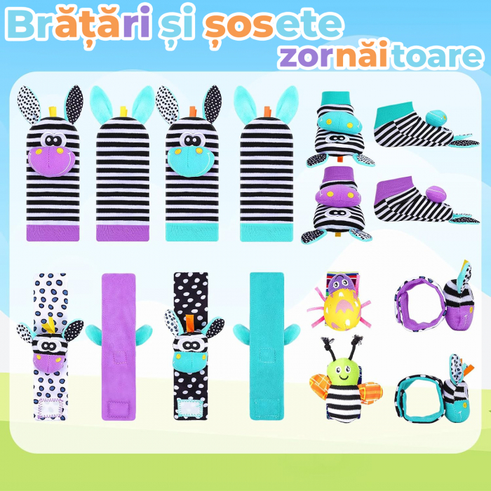 Set jucarii interactive pentru bebelusi, sosete si bratari zornaitoare model zebra [3]