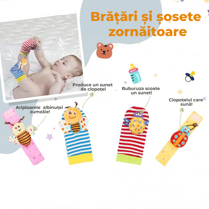 Set jucarii interactive pentru bebelusi, sosete si bratari zornaitoare - model insecte [3]