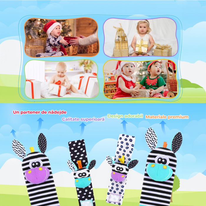 Set jucarii interactive pentru bebelusi, sosete si bratari zornaitoare model zebra [10]