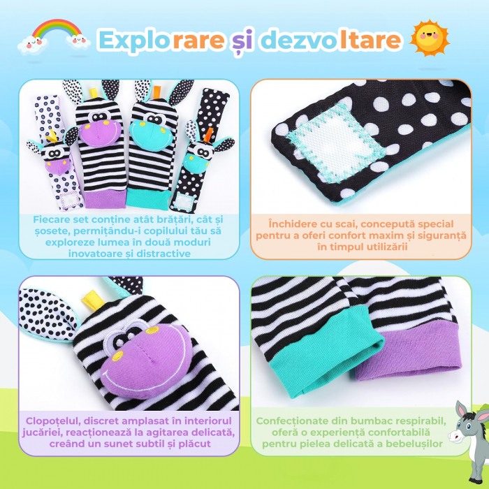 Set jucarii interactive pentru bebelusi, sosete si bratari zornaitoare model zebra [2]