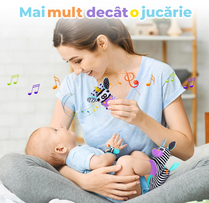 Set jucarii interactive pentru bebelusi, sosete si bratari zornaitoare model zebra [6]