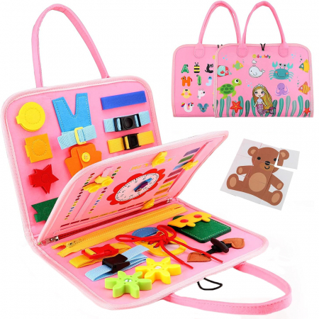 Montessori - Jucarie interactiva Montessori tip gentuta cu multiple activitati - Roz