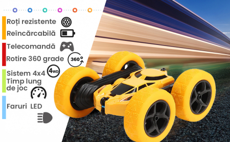 Masina cu telecomanda RC Pitikot®, pentru copii, cascadorie, drift cu rotire la 360 grade si rasturnari de 180 grade, rapida, 4WD, Rock Crawler, off-road, controlate prin radio, Culoare Galben [1]