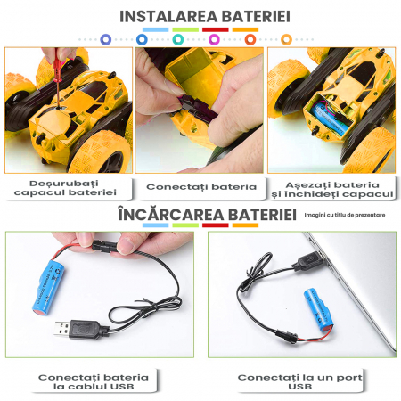 Masina cu telecomanda RC Pitikot®, pentru copii, cascadorie, drift cu rotire la 360 grade si rasturnari de 180 grade, rapida, 4WD, Rock Crawler, off-road, controlate prin radio, Culoare Galben [11]