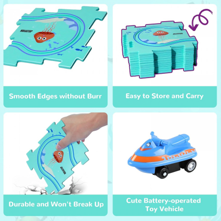 Set 15 piese cu masinuta, traseu puzzle racer, jucarie interactiva cu desene dinozauri, semne de circulatie si combinatii multiple, culoare Verde - Pitikot®️ [3]