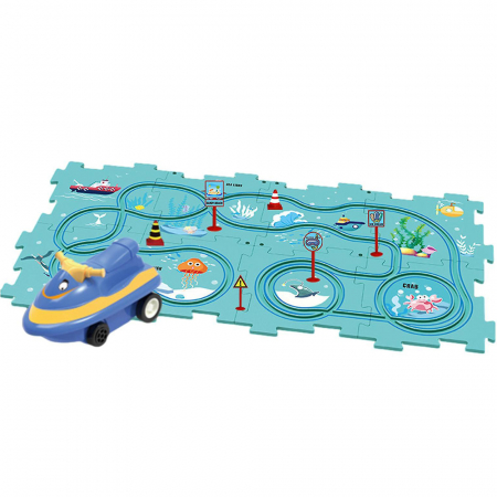 Masinute - Set 15 piese cu masinuta, traseu puzzle racer, jucarie interactiva cu desene dinozauri, semne de circulatie si combinatii multiple, culoare Verde - Pitikot®️