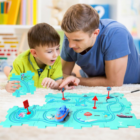 Set 15 piese cu masinuta, traseu puzzle racer, jucarie interactiva cu desene dinozauri, semne de circulatie si combinatii multiple, culoare Verde - Pitikot®️ [7]
