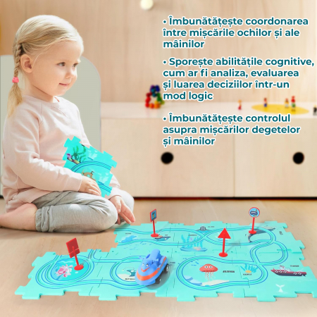 Set 15 piese cu masinuta, traseu puzzle racer, jucarie interactiva cu desene dinozauri, semne de circulatie si combinatii multiple, culoare Verde - Pitikot®️ [4]