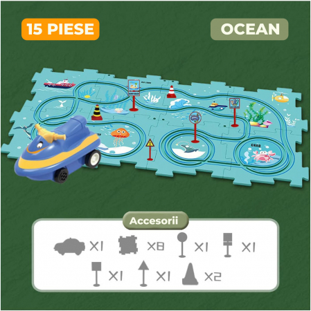Set 15 piese cu masinuta, traseu puzzle racer, jucarie interactiva cu desene dinozauri, semne de circulatie si combinatii multiple, culoare Verde - Pitikot®️ [5]