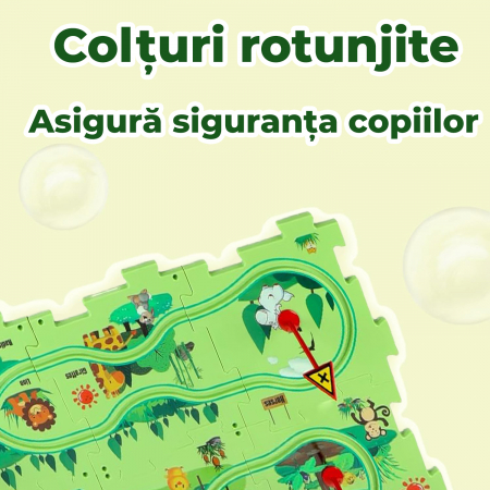 Set 15 piese cu masinuta, traseu puzzle racer, jucarie interactiva cu desene dinozauri, semne de circulatie si combinatii multiple, culoare Verde - Pitikot®️ [1]