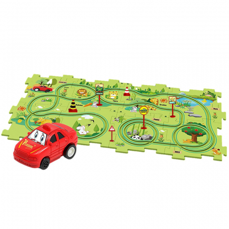 Masinute - Set 15 piese cu masinuta, traseu puzzle racer, jucarie interactiva cu desene dinozauri, semne de circulatie si combinatii multiple, culoare Verde - Pitikot®️