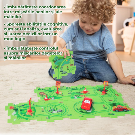 Set 15 piese cu masinuta, traseu puzzle racer, jucarie interactiva cu desene dinozauri, semne de circulatie si combinatii multiple, culoare Verde - Pitikot®️ [4]