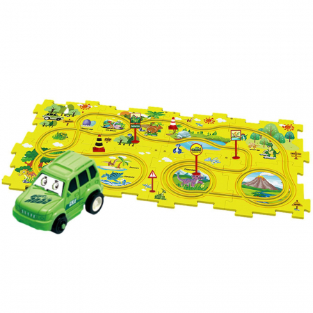 Masinute - Set 15 piese cu masinuta, traseu puzzle racer, jucarie interactiva cu desene dinozauri, semne de circulatie si combinatii multiple, culoare Galben - Pitikot®️
