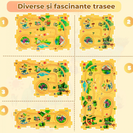 Set 15 piese cu masinuta, traseu puzzle racer, jucarie interactiva cu desene dinozauri, semne de circulatie si combinatii multiple, culoare Galben - Pitikot®️ [3]