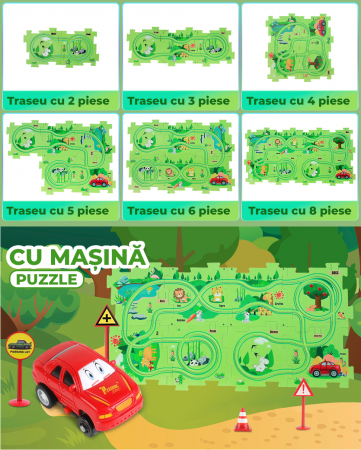 Set 15 piese cu masinuta, traseu puzzle racer, jucarie interactiva cu desene dinozauri, semne de circulatie si combinatii multiple, culoare Verde - Pitikot®️ [6]