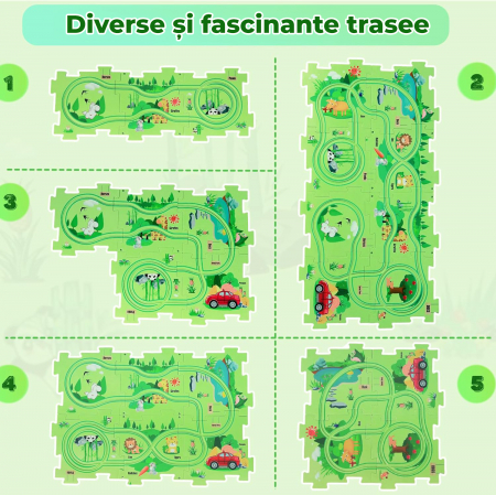 Set 15 piese cu masinuta, traseu puzzle racer, jucarie interactiva cu desene dinozauri, semne de circulatie si combinatii multiple, culoare Verde - Pitikot®️ [2]