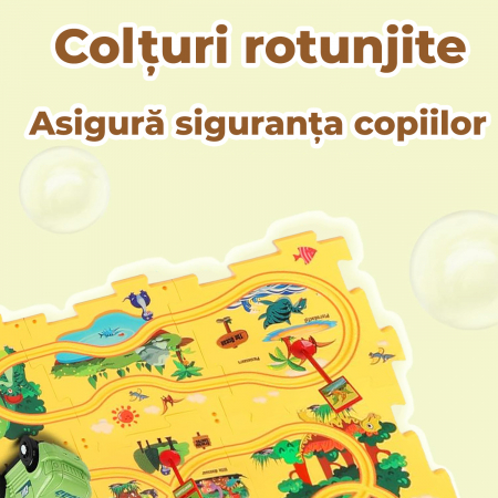 Set 15 piese cu masinuta, traseu puzzle racer, jucarie interactiva cu desene dinozauri, semne de circulatie si combinatii multiple, culoare Galben - Pitikot®️ [1]