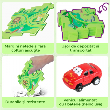 Set 15 piese cu masinuta, traseu puzzle racer, jucarie interactiva cu desene dinozauri, semne de circulatie si combinatii multiple, culoare Verde - Pitikot®️ [3]
