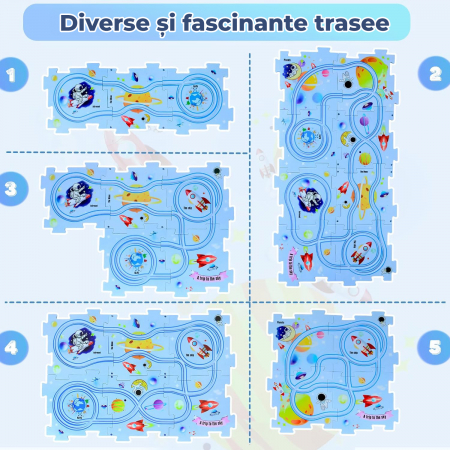 Set 15 piese cu masinuta, traseu puzzle racer, jucarie interactiva cu desene dinozauri, semne de circulatie si combinatii multiple, culoare Verde - Pitikot®️ [2]