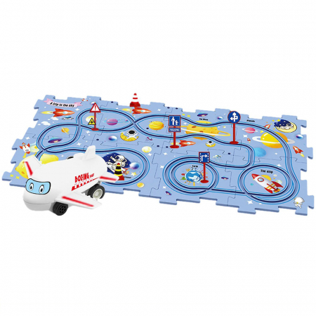 Masinute - Set 15 piese cu masinuta, traseu puzzle racer, jucarie interactiva cu desene dinozauri, semne de circulatie si combinatii multiple, culoare Verde - Pitikot®️