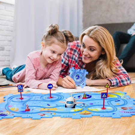 Set 15 piese cu masinuta, traseu puzzle racer, jucarie interactiva cu desene dinozauri, semne de circulatie si combinatii multiple, culoare Verde - Pitikot®️ [7]