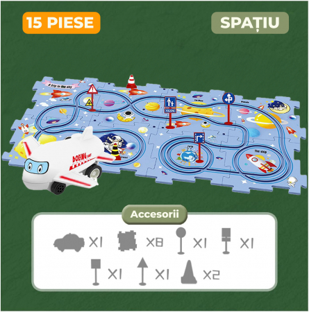 Set 15 piese cu masinuta, traseu puzzle racer, jucarie interactiva cu desene dinozauri, semne de circulatie si combinatii multiple, culoare Verde - Pitikot®️ [4]