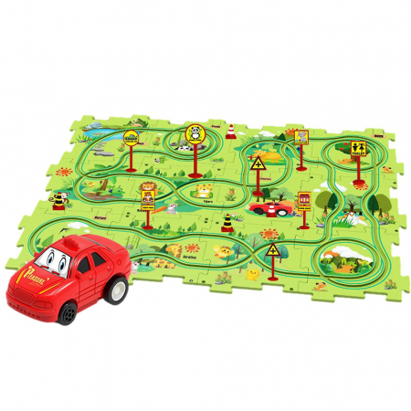 Masinute - Set 25 piese traseu puzzle racer culoare Verde