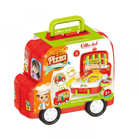 Jucarii STEM - Set bucatarie de jucarie Pitikot®, educationala, interactiva cu accesorii, cu depozitare sau portabila in gentuta, forma de masinuta, microbus fast food cu pizza si cuptor, 21 piese