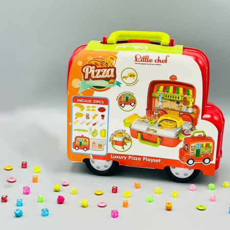 Set bucatarie de jucarie Pitikot®, educationala, interactiva cu accesorii, cu depozitare sau portabila in gentuta, forma de masinuta, microbus fast food cu pizza si cuptor, 21 piese [3]
