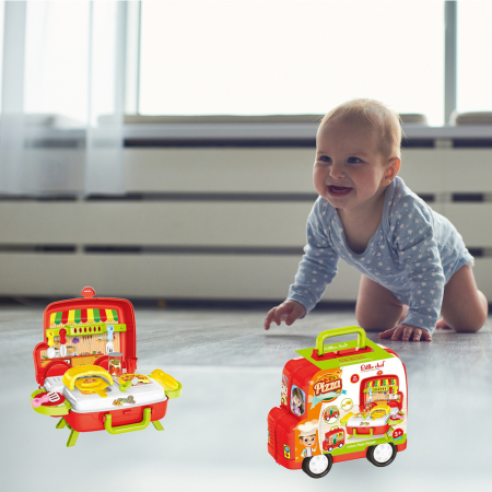 Set bucatarie de jucarie Pitikot®, educationala, interactiva cu accesorii, cu depozitare sau portabila in gentuta, forma de masinuta, microbus fast food cu pizza si cuptor, 21 piese [2]