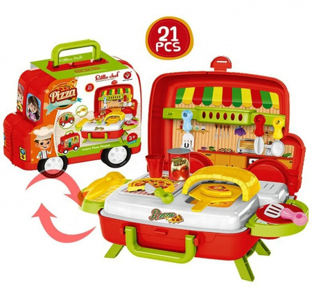 Set bucatarie de jucarie Pitikot®, educationala, interactiva cu accesorii, cu depozitare sau portabila in gentuta, forma de masinuta, microbus fast food cu pizza si cuptor, 21 piese [5]