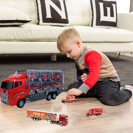 Set camion trailer de jucarie pentru transport, Rosu [9]