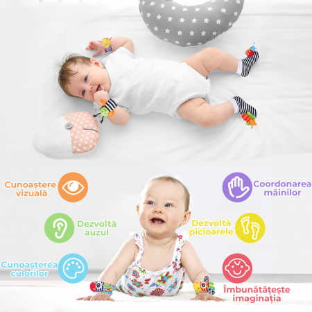 Set jucarii interactive pentru bebelusi, sosete si bratari zornaitoare model zebra [4]