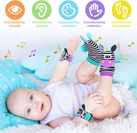Set jucarii interactive pentru bebelusi, sosete si bratari zornaitoare model zebra [3]
