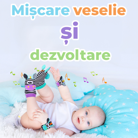Set jucarii interactive pentru bebelusi, sosete si bratari zornaitoare model zebra [7]