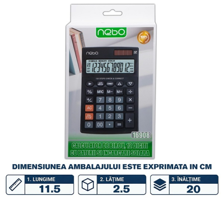 Calculator de birou, 12 digiti, cu baterii si incarcare solara- NEBO 16908 [1]