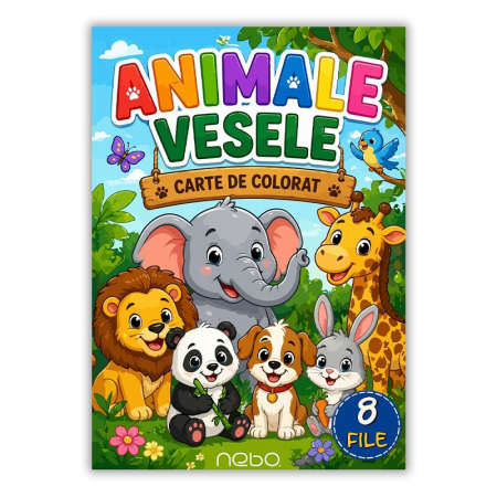 Carti de colorat + poveste pentru copii - Carte de colorat A4, 8 file, Animale vesele - NEBO
