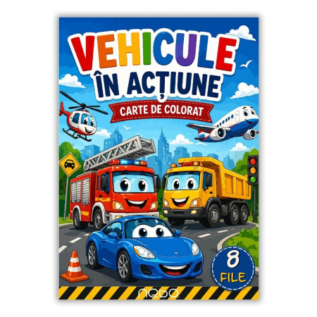 Carti de colorat pentru copii - Carte de colorat A4, 8 file, Vehicule in actiune - NEBO