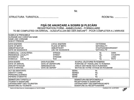Tipizate Generale - Fisa de anuntare a sosirii si plecarii turistilor cu GDPR