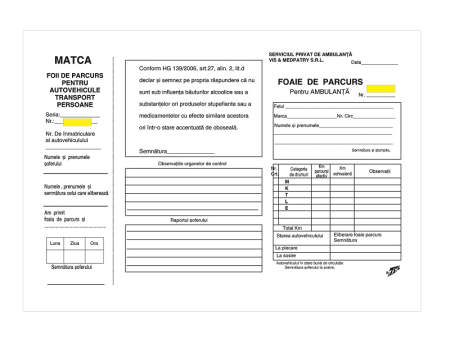TIpizate medicale - Foaie parcurs ambulanta privata A4 FV cu dubla numerotare