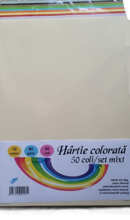 Hartie color A4 - Hartie A4 Mixt 50 coli/top, 80 g/mp TP, 10 culori/set
