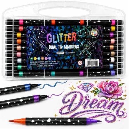 Markere permanente - Markere Glitter 36/Set, Două Vârfuri, 72 Culori Sclipitoare, Vârf Fin