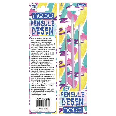 Scoala si gradinita - Pensule desen, culori pastel, varf rotund, 3 buc/set - NEBO 16656