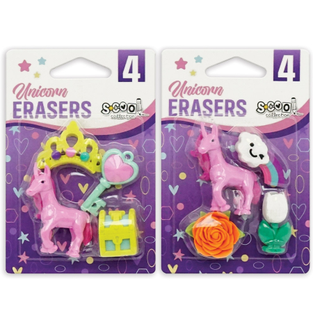 Scoala si gradinita - Radiere color, model Unicorn, 4buc/blister - S-COOL SC3517