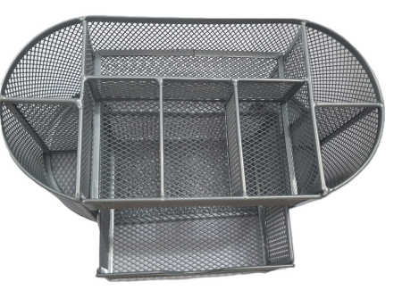 Suporturi instrumente de scris - Suport birou metalic 8 compartimente + sertar argintiu