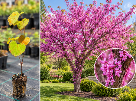 Arbori Ornamentali de Colecție - Copacul lui Iuda (Cercis canadensis) 5-10 cm, la Tăviță , Copac cu Flori Roz pe Trunchi