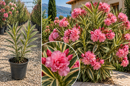 Leandri - Leandru Frunze Bicolore Splendens Variegata 10-20 cm , Floare Roz Bătută, ghiveci
