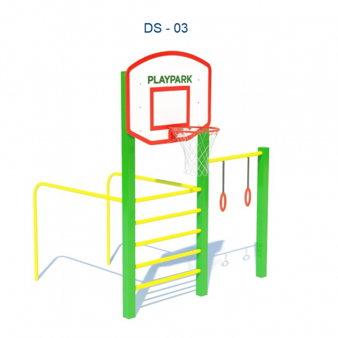 Elemente pentru Gradinita - Complex sportiv DS-03 cu panou de baschet, bară orizontală, franghie și perete suedez pentru copii