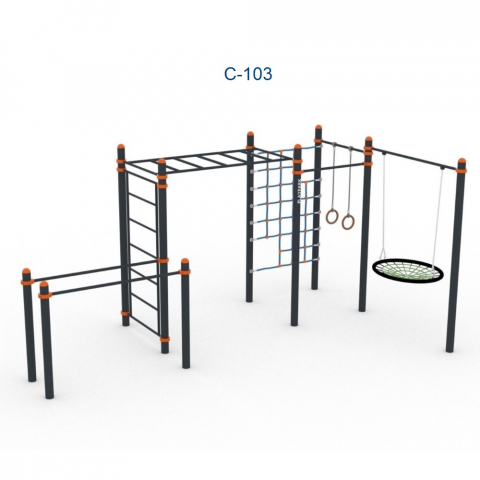 Workout KIDS - Complex sportiv pentru copii Workout KIDS C-103 cu leagăn, traversă, inele și plasă de cățărare